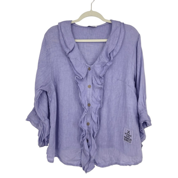 Womens 100% linen 3/4 Sleeve Button Front Blouse Size M Purple Ruffles Fairy - Picture 1 of 12